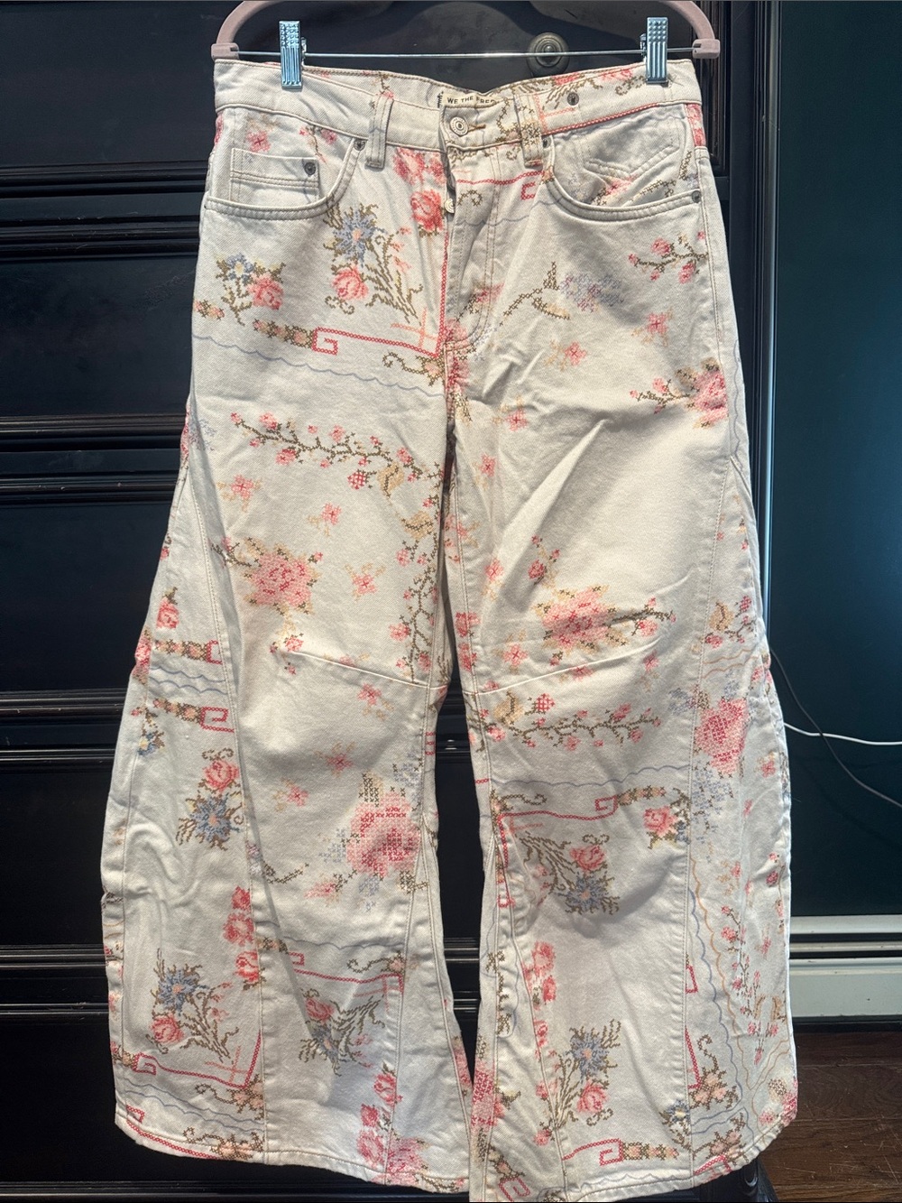We the free Floral Barrel Wide-Leg Jeans in Cream with Pink floral Print